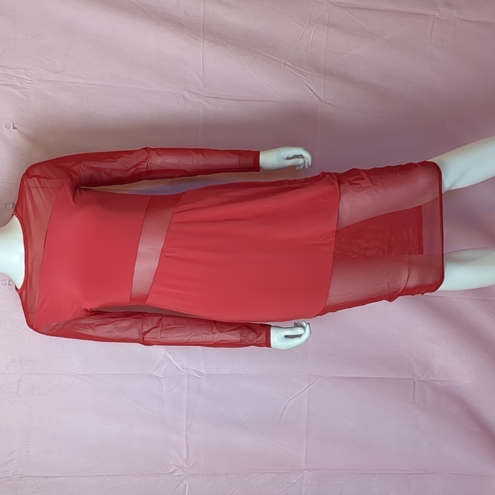 Boohoo Sheer Mesh Detail Bodycon Long Sleeve Midi Dress in Red size 8